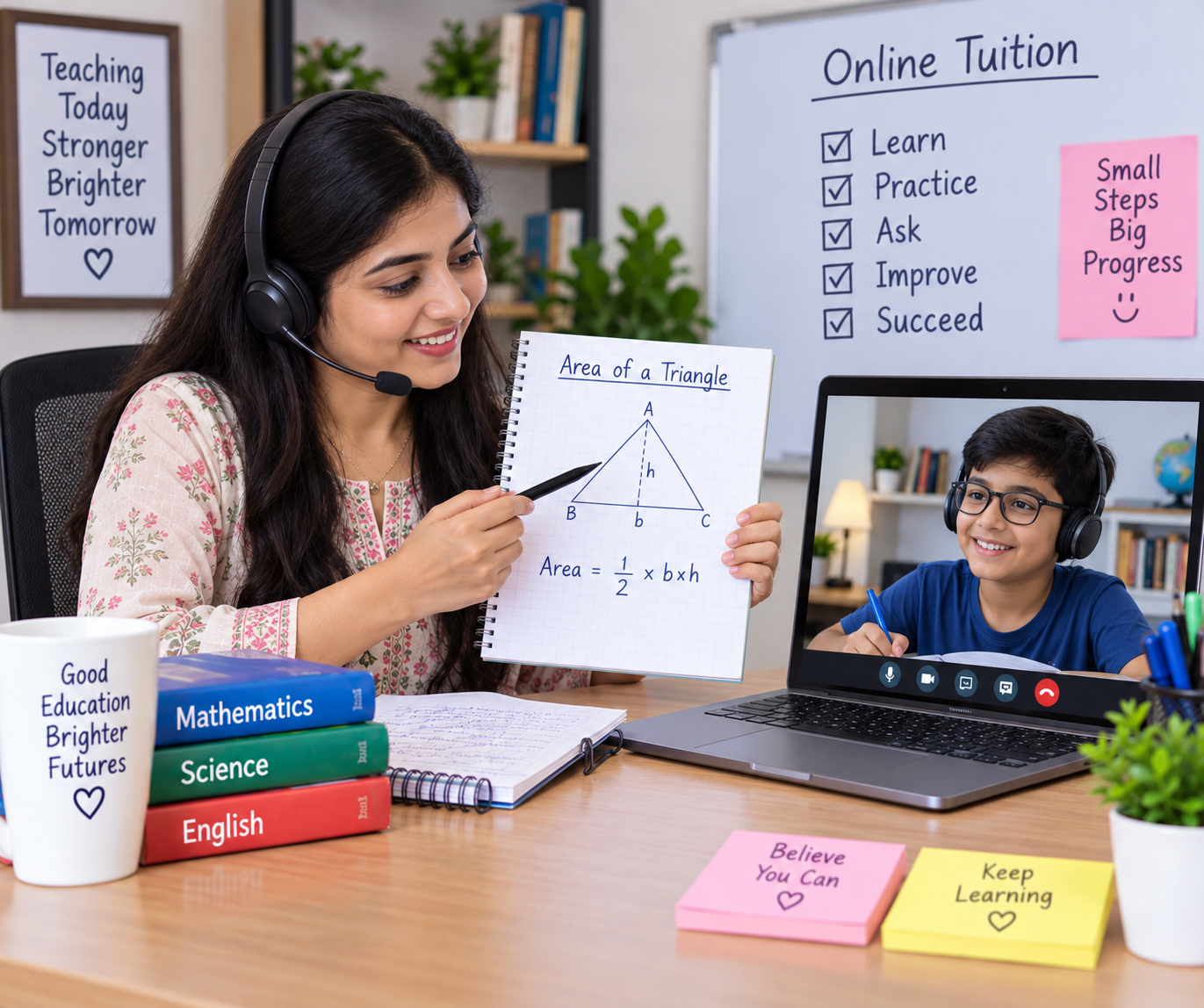 Online tutoring teacher providing personalized lessons to a student through virtual learning